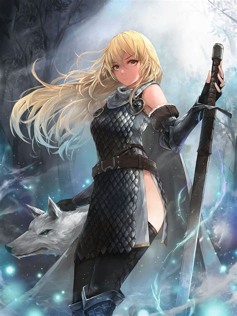 X Px Free Download Hd Wallpaper Fantasy Anime Girl White Wolf Blonde Sword Cape
