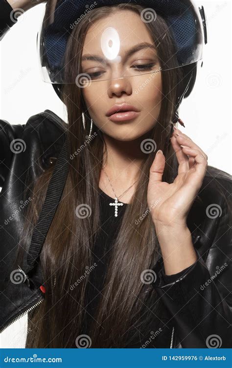 Beautiful Young Biker Girl Wearing A Black Leather Jacket Bodysuit And