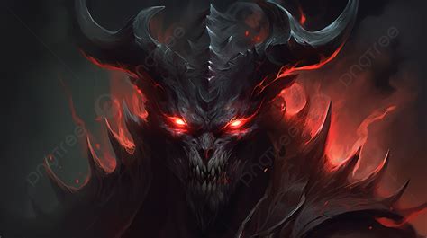 Demon In Deep Black With Horns And Burning Red Background Demon