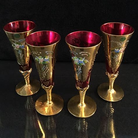 Murano Glass Antique Wine Glasses In Golden And Ruby Rare Etsy