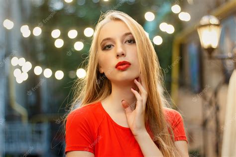 Premium Photo Beautiful Caucasian Girl With Red Lips Makeup In A