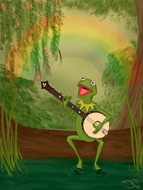 A Frog Playing The Ukulele In Front Of A Rainbow