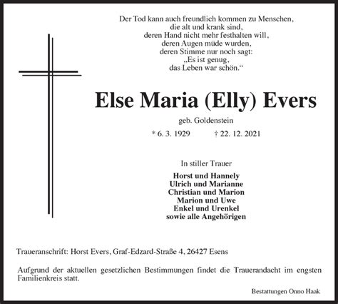 Traueranzeigen Von Else Maria Elly Evers Nordwest Trauer De