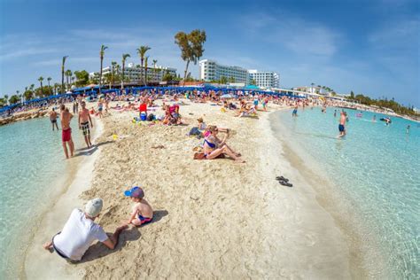 Ayia Napa Cyprus April 07 2018 People Swimming And Sunbathing On