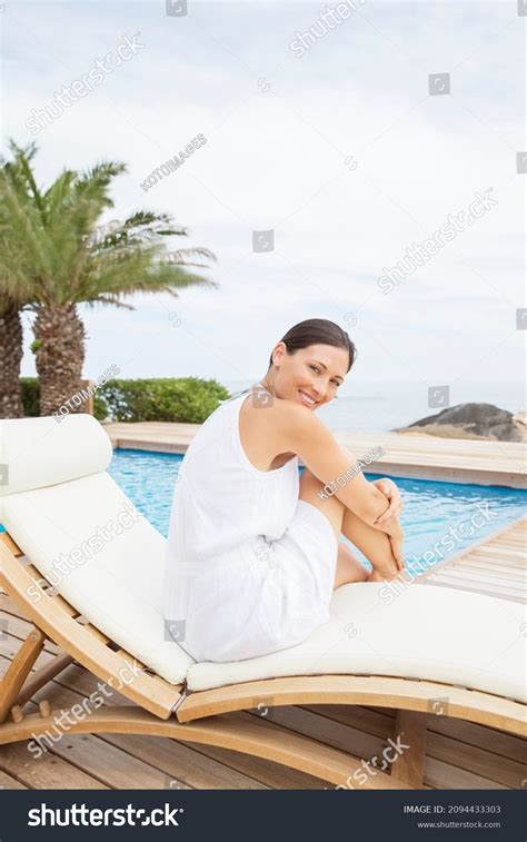 Woman Relaxing Lawn Chair By Pool Stock Photo Shutterstock