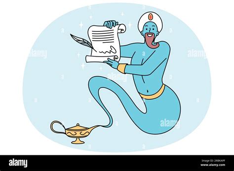 Blue Genie From Golden Bottle Holding Paper Granting Wishes Jinn With