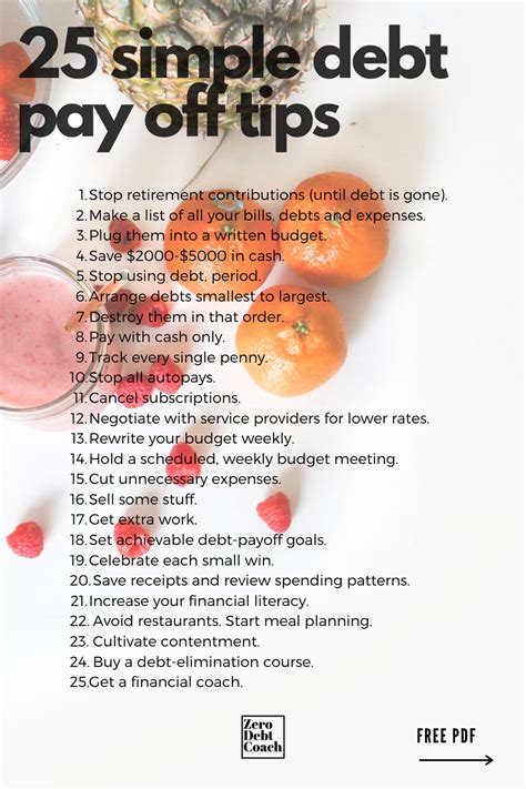 The 25 Simple Debt Pay Off Tips List Is Shown With Oranges And Strawberries