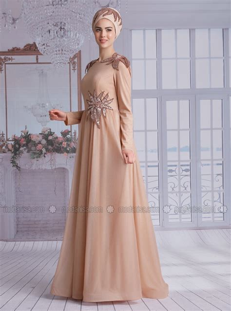 Gold Fully Lined Crew Neck Muslim Evening Dress
