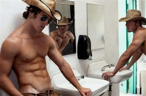 Shirtless Male Beefcake Cowboy Bathroom Show Down Muscular Hunks Photo