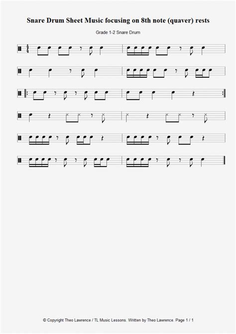Snare Drum Sheet Music Focusing On 8th Note Quaver Rests Learn