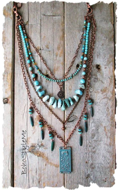 Boho Turquoise Beaded Necklace Handmade Layered Bohemian Etsy Turquoise Bead Necklaces