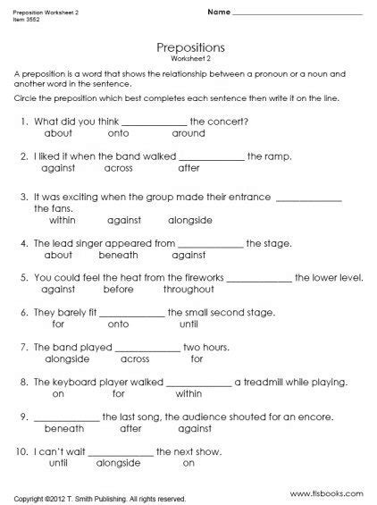 Preposition Worksheets For Grade 5 With Answers