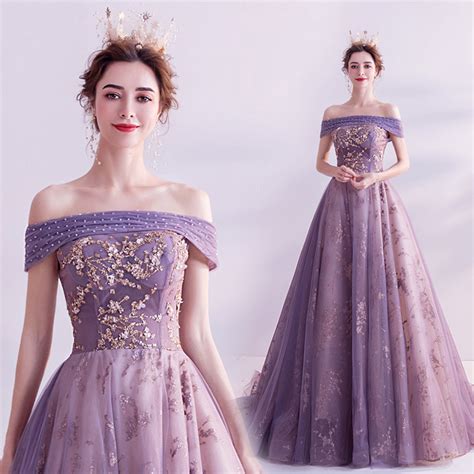 Royal Purple Prom Ball Gown Off Shoulder Beaded Party Dress Etsy