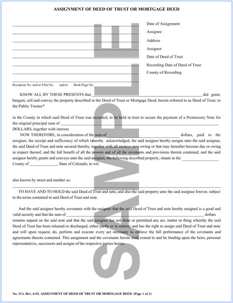 Colorado Assignment Of Deed Of Trust Or Mortgage Deed