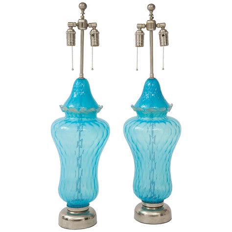 Pair Of Sky Blue Murano Glass Lamps At 1stdibs