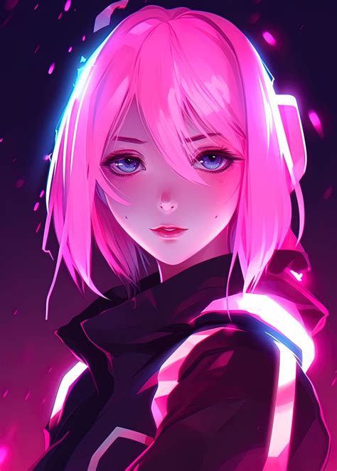 Neon Anime Girl Cute Poster Picture Metal Print Paint By Hassen
