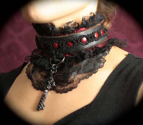 Goth Vampire Romantic Sexy Leather Lace Collar Blood Red