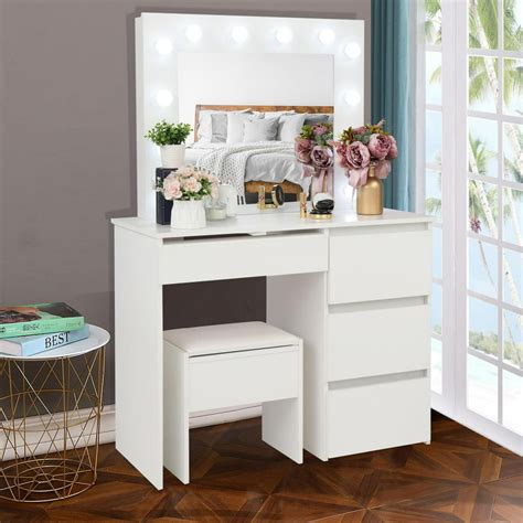 Ktaxon Vanity Table Set With Lighted Mirror Makeup Table With 4 Drawers Dressing Vanity Tables