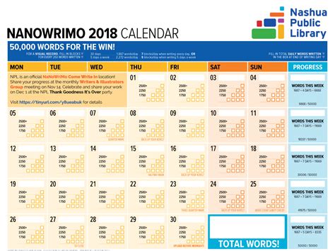 1101 Nanowrimo Calendar For Nashua Public Library By Dave Sri Seah On