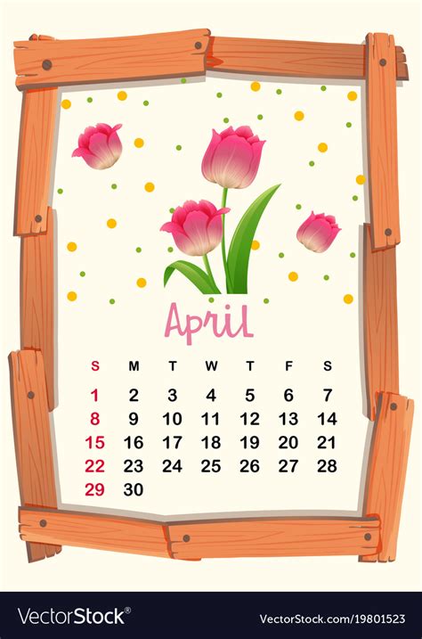 Calendar Template For April With Pink Tulip Vector Image