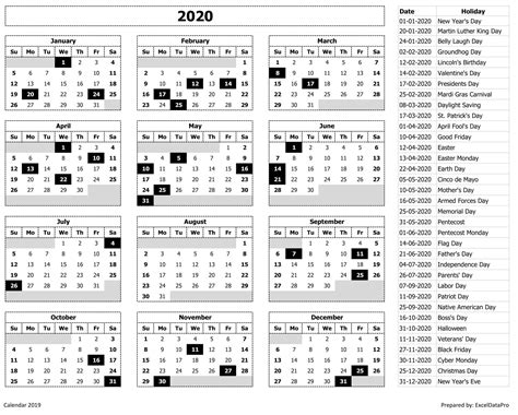 Excel List Of Holidays 2020 Calendar Template Printable