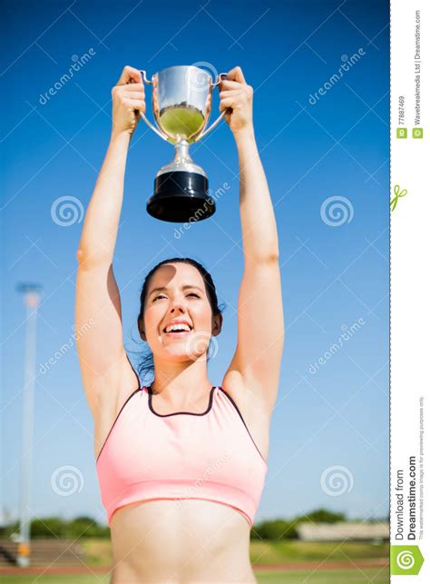 Happy Female Athlete Showing Her Trophy Stock Image Image Of Person