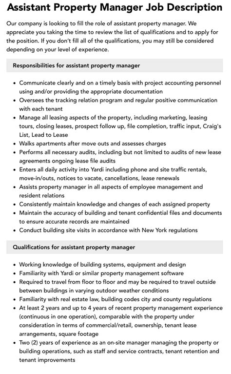 Assistant Property Manager Job Description Velvet Jobs
