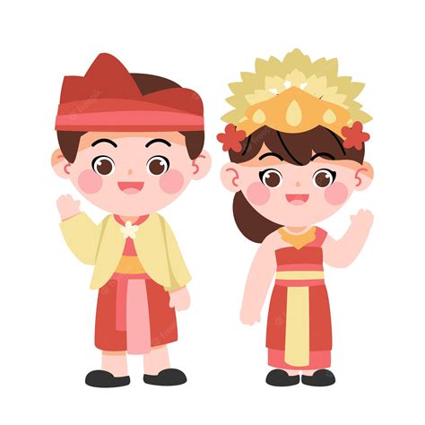 발리 전통 드레스를 입고 손을 흔드는 행복한 인도네시아 소년과 소녀 만화 벡터 프리미엄 벡터