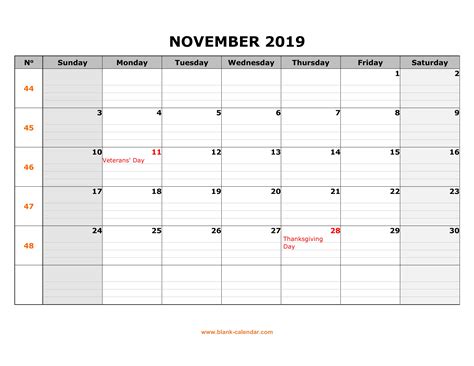 Free Download Printable November 2019 Calendar Large Box Grid Space