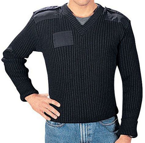 Black Wool V Neck Sweater Military Commando Uniform Epaulets Unisex