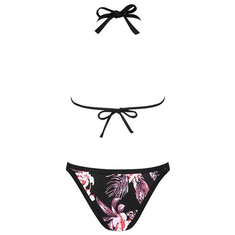 Ddandmm Dark Floral Print Triangle Halter Bikini Set Vintage Padded Cheeky Swimsuit For Women