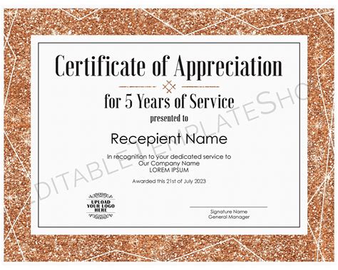 5 Years Of Service Editable Certificate Of Appreciation Etsy In 2021