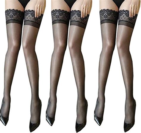 Ultra Shiny Lace Top Thigh High Silk Stockings Shimmery Glossy Sheer