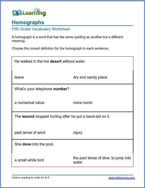 5th Grade Vocabulary Words Worksheet