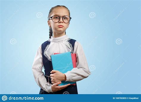 Cute Schoolgirl In Glasses Hold Books Copyspace Stock Image Image Of