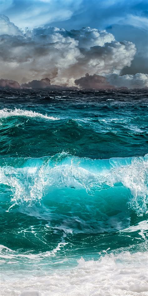 Download 1080x2160 Wallpaper Waves Sea Sky Clouds Blue Green Storm