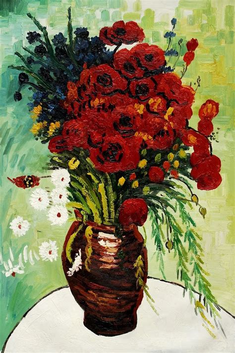Vase With Daisies And Poppies By Vincent Van Gogh Handpainted