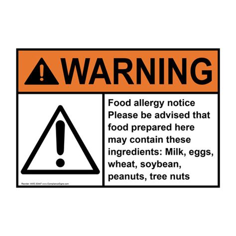 Warning Sign Food Allergy Notice Please Be Ansi Safe Food Handling