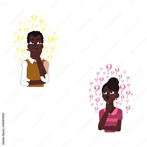 vector cartoon adult african black man beautiful woman standing in thoughtful pose holding his