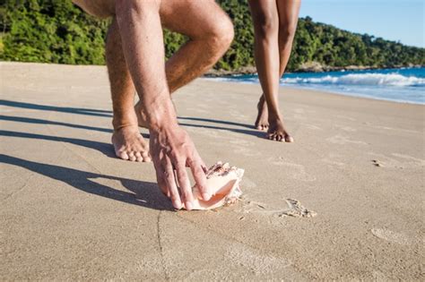 Free Photo Couple Picking Up Seashell At The Beach