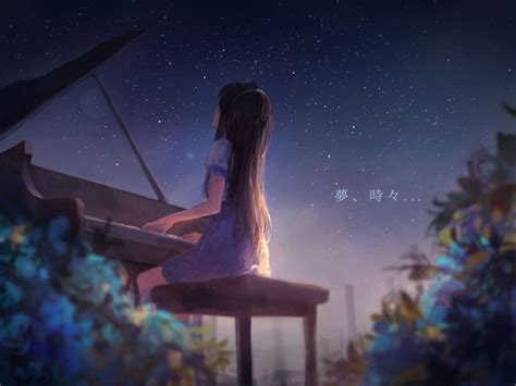 Wallpaper Anime Girl Playing Piano Scenic Back View