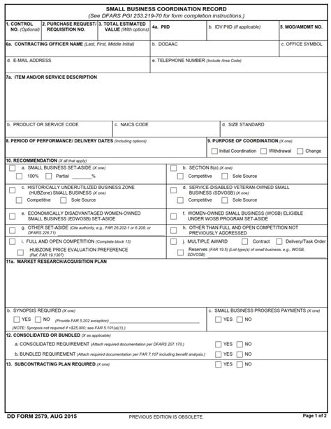 Dd Form 2579 Small Business Coordination Record Dd Forms