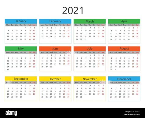 Calendario 2021 La Semana Comienza El Lunes Ilustración Vectorial