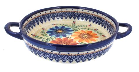 Blue Rose Polish Pottery Autumn Burst Small Round Baker With Handles