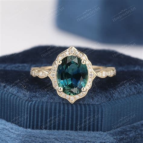 Vintage Ct Teal Sapphire Engagement Ring Oval Halo Engagement Etsy