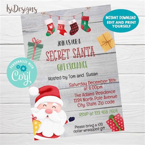 Secret Santa Invitation T Exchange Party Editable Christmas