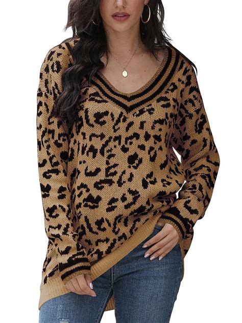 Buy Calbetty Womens Leopard Print Sweaters Long Sleeve V Neck Knitted