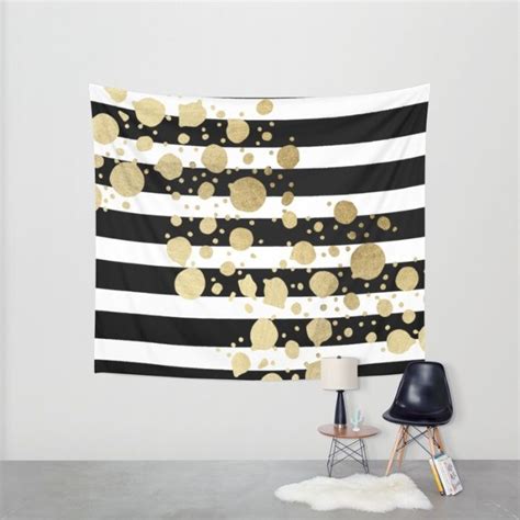 Faux Gold Paint Splatter On Black And White Stripes Wall Tapestry By