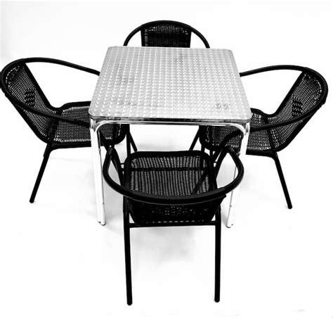 These cafe & bistro chairs can be used outdoor as the rattan is plastic and therefore won't tarnish in the weather. Black Rattan Garden Set x 4 Chairs & Aluminium Table - BE ...