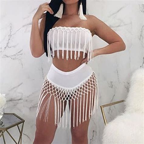 new sexy women set strapless crop top and mini skirt tassel two pieces sets club party female